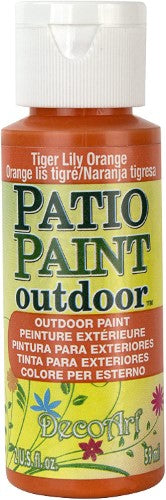 A vibrant 2oz Tiger Lily Orange acrylic patio paint for durable, weather-resistant outdoor projects.