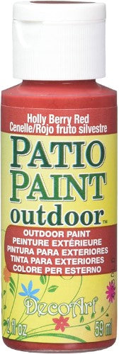 Vibrant Holly Berry Red acrylic patio paint in a 2oz bottle, perfect for transforming outdoor surfaces with a durable finish.