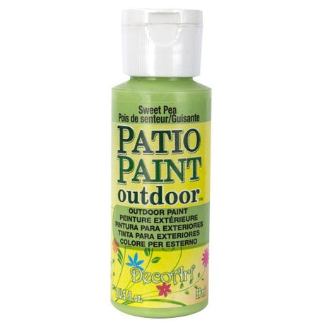 Vibrant Sweet Pea Patio Paint in a 2oz bottle, perfect for durable outdoor DIY projects on various surfaces.