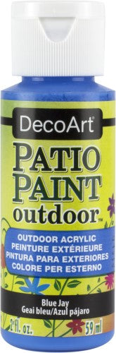 Vibrant 2oz Blue Jay patio paint for outdoor decor, suitable for various surfaces, water-based, scuff-resistant, easy clean-up.