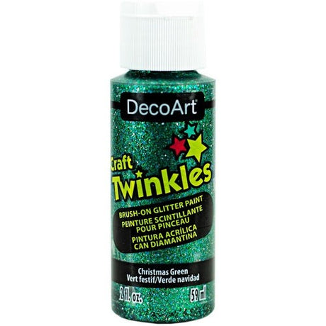 Shimmering 2oz bottle of Christmas Green glitter paint for festive crafts and decorations, featuring large flakes for vibrant sparkle.