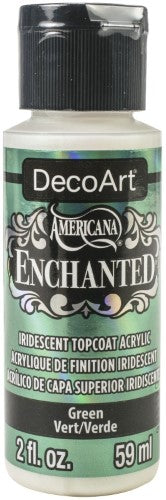 Decoart Enchanted Green: 2oz color-shifting acrylic paint that transforms projects with mesmerizing interference hues.