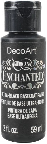 Decoart Enchanted Ultra Black Base: 2oz acrylic basecoat for enhanced color-shifting effects in art and crafts.