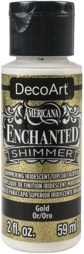 Americana Enchanted Shimmer 2oz Gold paint, shimmering gold for art projects with iridescent butterfly-like sparkle.