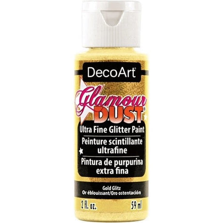 Ultra-fine gold glitter paint in a 2oz bottle, perfect for adding luxurious shimmer to arts, crafts, and home decor projects.