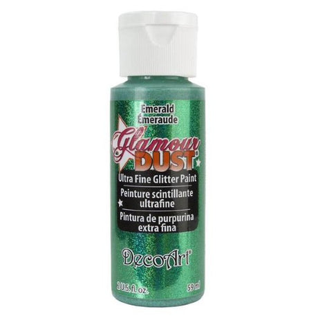 Emerald green ultra fine glitter paint for crafts, delivering rich sparkle and superior coverage on various surfaces.
