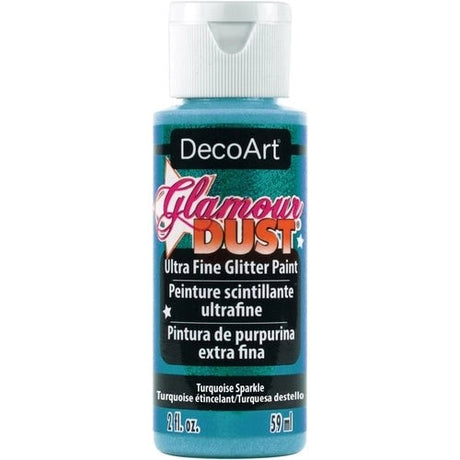 Turquoise sparkle glitter paint in a 2oz bottle, ideal for vibrant arts and crafts projects with easy application and cleanup.
