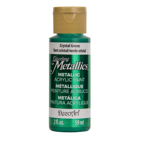 DecoArt Dazzling Metallics Acrylic Paint in Crystal Green, 2oz, offering shimmering effects for crafts and décor projects.