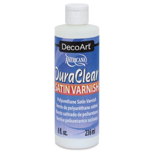 Decoart 8oz Dura Clear Satin Varnish bottle, providing durable, non-yellowing UV protection for various art surfaces.