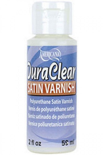 Decoart 2oz Dura Clear Satin Varnish bottle, ideal for durable, clear finishes on various surfaces for art and DIY projects.