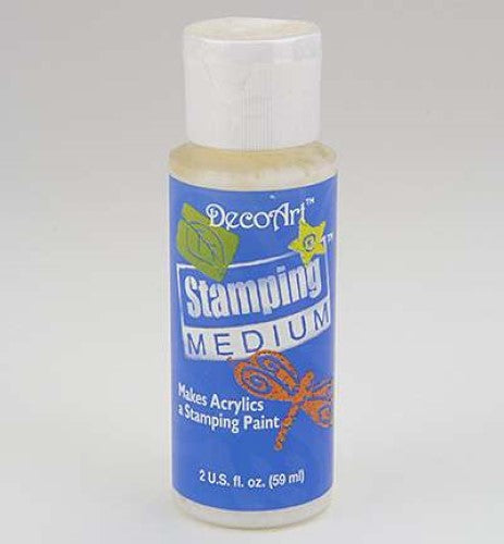 DecoArt 2oz Stamping Medium bottle, ideal for enhancing acrylic paints and achieving vibrant, precise stamping effects.