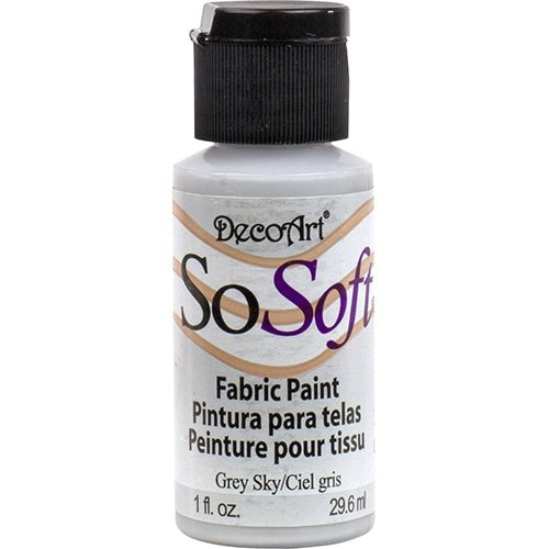 Soft acrylic fabric paint in Grey Sky, perfect for vibrant DIY projects on fabric, leather, and canvas; machine washable.