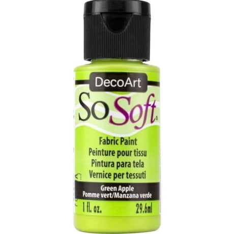 Vibrant green apple fabric paint in a 1oz bottle, ideal for soft, durable, and flexible fabric creations.