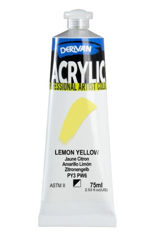 Bright Lemon Yellow acrylic paint from Derivan, 75ml, perfect for vibrant artwork, water-resistant and lightfast.