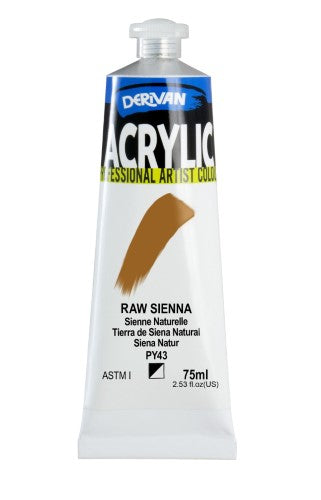 Derivan Acrylic 75ml Raw Sienna paint, featuring rich earthy tone, ideal for landscapes and portraits, with excellent lightfastness.