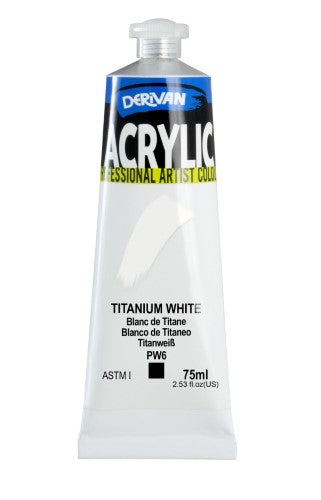 Acrylic paint tube featuring Derivan 75ml Titanium White, ideal for vibrant, long-lasting artwork on various surfaces.