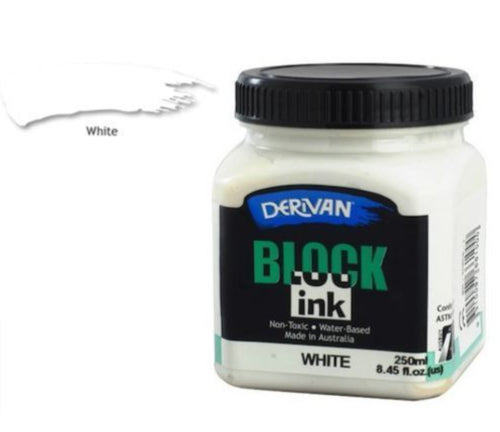 Derivan Block Ink 250ml White, smooth, non-toxic ink for vibrant lino and wood block printing, easy to clean with water.