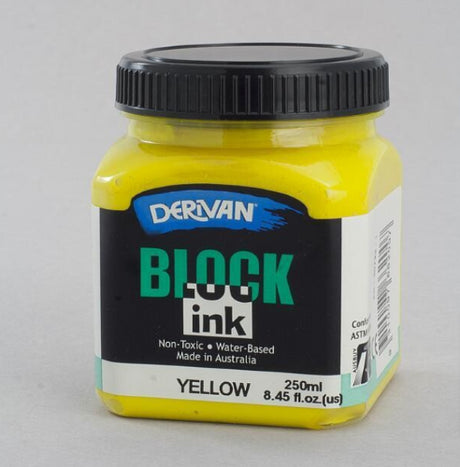 Vibrant 250ml yellow block printing ink, ideal for lino and woodblock printing, non-toxic and easy to clean.