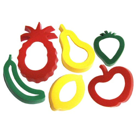 Set of 6 colorful plastic fruit-shaped dough cutters; includes pear, lemon, apple, banana, pineapple, and strawberry.
