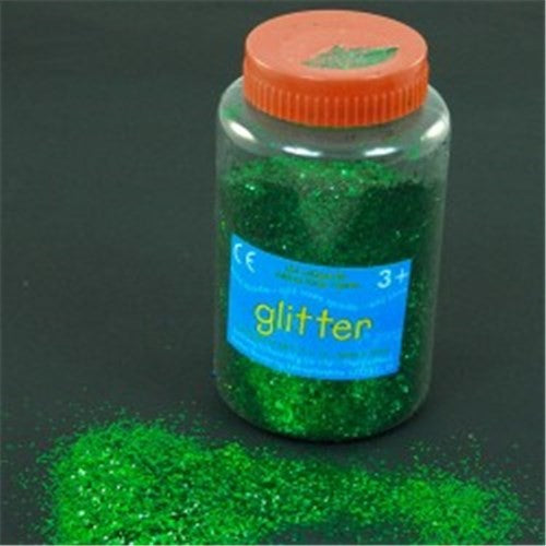 Vibrant green glitter shaker (250gm) for endless arts and crafts, adding dazzling sparkle to projects and decorations.