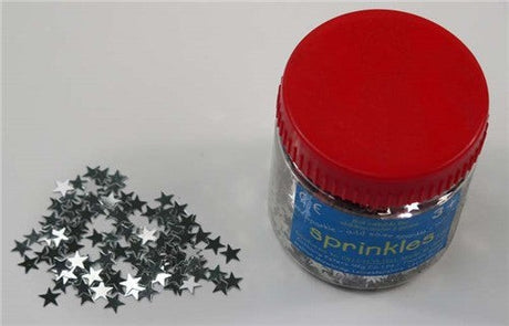 Silver star-shaped edible sprinkles in 50g for dazzling decoration on desserts like cupcakes, cookies, and cakes.