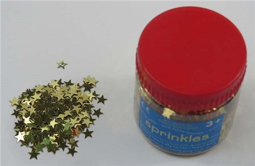 Gold star-shaped edible sprinkles in a 50g pack, perfect for adding glamour to cakes and desserts.