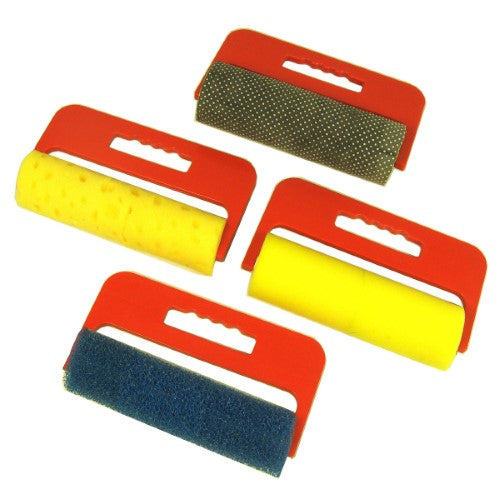 Four giant texture rollers for kids featuring crackle, sponge, and dot patterns, ideal for vibrant outdoor painting fun.