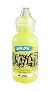 Yellow glitter glue by Derivan Kindy Glitz in 5 x 36ml tubes, perfect for arts and crafts, leaving a smooth finish.