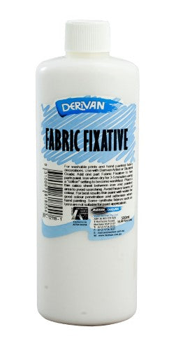 Derivan 500ml Fabric Fixative bottle for preserving textile art with vibrant colors and deep fiber penetration.