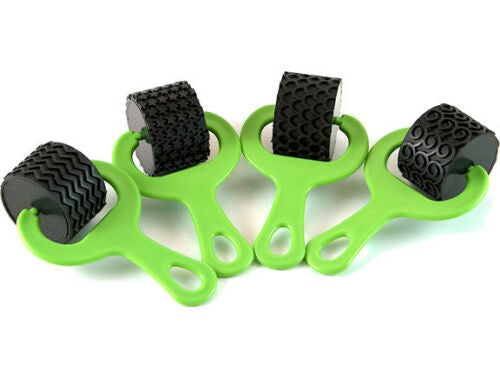 Four vibrant rubber rollers with green handles for dough and paint, each 6 x 15 cm, perfect for creative play.