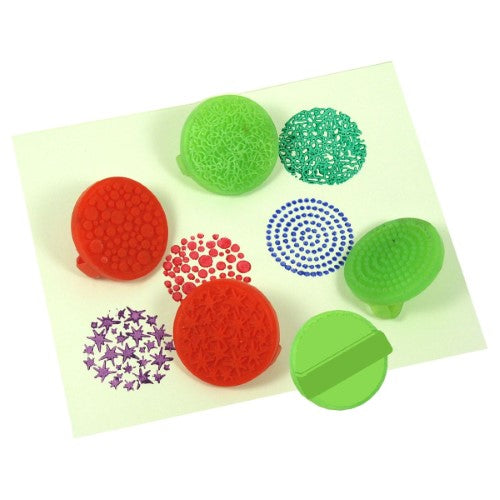 Kids stamper set with 4 textured rubber palm printers, designed for comfortable use by little hands for creative play.