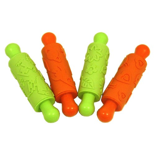 Set of 4 retro rubber rolling pins featuring unique patterns: leaves, flowers, space robots, and planets for fun baking.