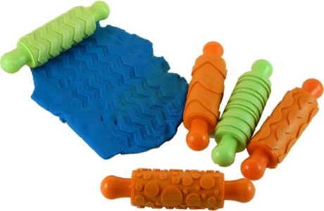 Set of five rubber rolling pins with unique patterns, ideal for clay and craft projects, sized 18 cm for easy handling.