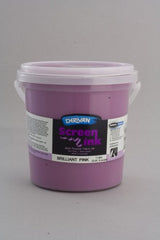 Brilliant pink water-based Derivan screen ink in a 1L bottle, perfect for safe fabric arts and tie-dye projects.