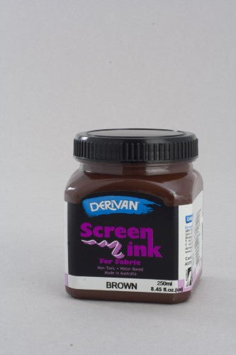 Brown water-based screen printing ink in a 250ml bottle, ideal for fabric art, safe, non-toxic, and easy to clean.