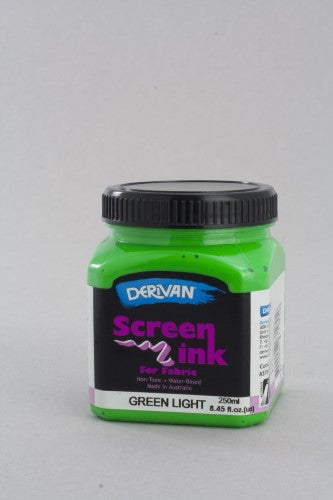 Vibrant Derivan Screen Ink in Green Light, 250ml, non-toxic and water-based, ideal for fabric printing and tie dyeing.