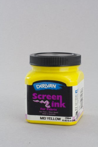 Mid yellow screen printing ink in a 250ml bottle, perfect for vibrant textile designs and safe for all ages.