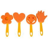 Brightly colored sponge stampers in smiley face, hand, flower, and heart shapes for kids' imaginative painting fun.