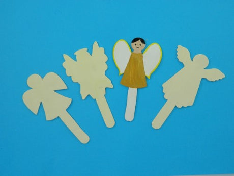 Four wooden craft stick angels, perfect for DIY projects, holiday decor, and creative family activities.
