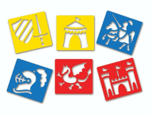 "Set of 6 washable medieval stencils featuring castles, knights, and mythical creatures for diverse artistic projects."