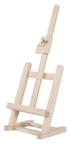 Mini H-Frame Display Easel in natural Elm, perfect for showcasing artworks or photos up to 30cm tall.