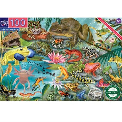 Colorful 100-piece jigsaw puzzle featuring various frogs, newts, and salamanders, promoting amphibian awareness and fun learning.