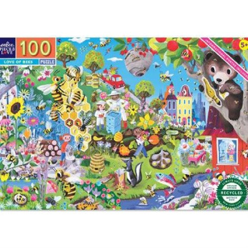 Colorful 100-piece jigsaw puzzle featuring bees in nature, designed to educate and engage kids aged 5 and up.