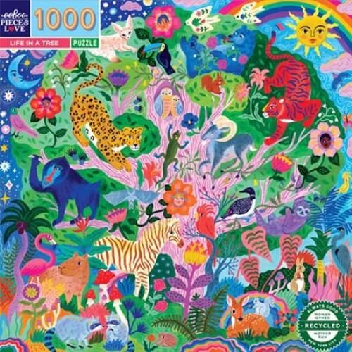 Jigsaw puzzle featuring a vibrant tree ecosystem with intricate flora and fauna, designed by artist Sarah Walsh.