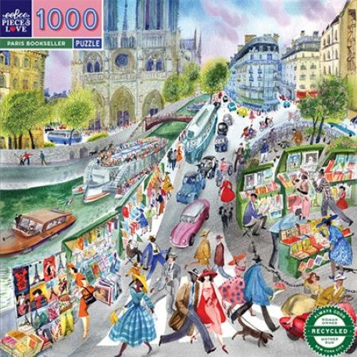 Jigsaw puzzle featuring a vibrant Parisian bookseller scene by artist Victoria Krylov, perfect for literary and puzzle lovers.