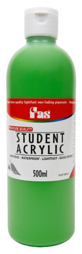 A 500ml bottle of Fas Student Acrylic Paint in Green Light, a vibrant, fast-drying, non-toxic paint for artists.