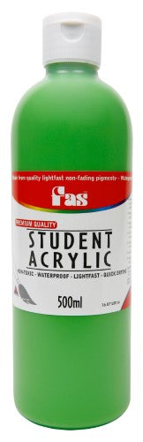 A 500ml bottle of Fas Student Acrylic Paint in Green Light, a vibrant, fast-drying, non-toxic paint for artists.