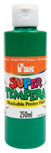 Vibrant 250ml green Fas Super Tempera paint, non-toxic and washable, perfect for art education and creative projects.