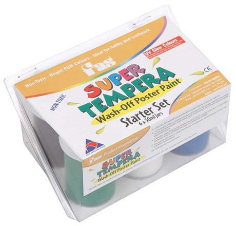 Fas Super Tempera Starter Set, non-toxic poster paint for vibrant, easy art and crafts, washes out of fabrics with care.