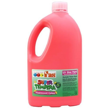 Vibrant 2L fluo red poster paint, non-toxic, perfect for schools, art projects, and glows under UV light.